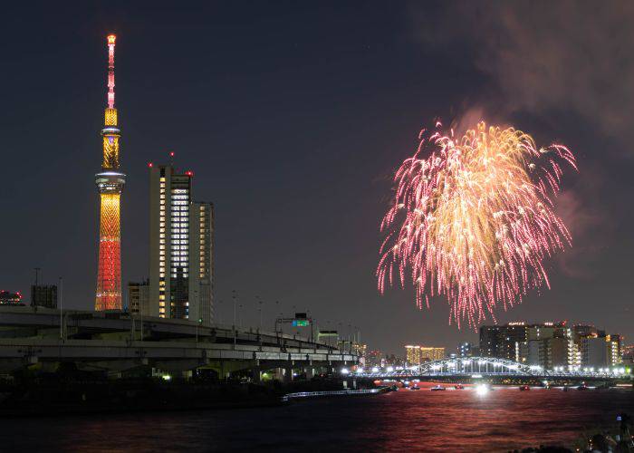 Sumida River Fireworks, with fireworks set off against the iconic skyline of Tokyo, including the Tokyo Tower.